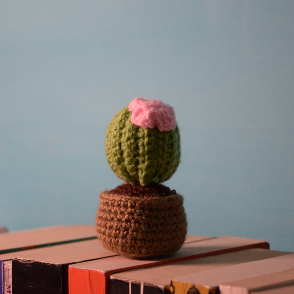 Handmade crochet cactus in a small pot, a soft desk companion with no spikes